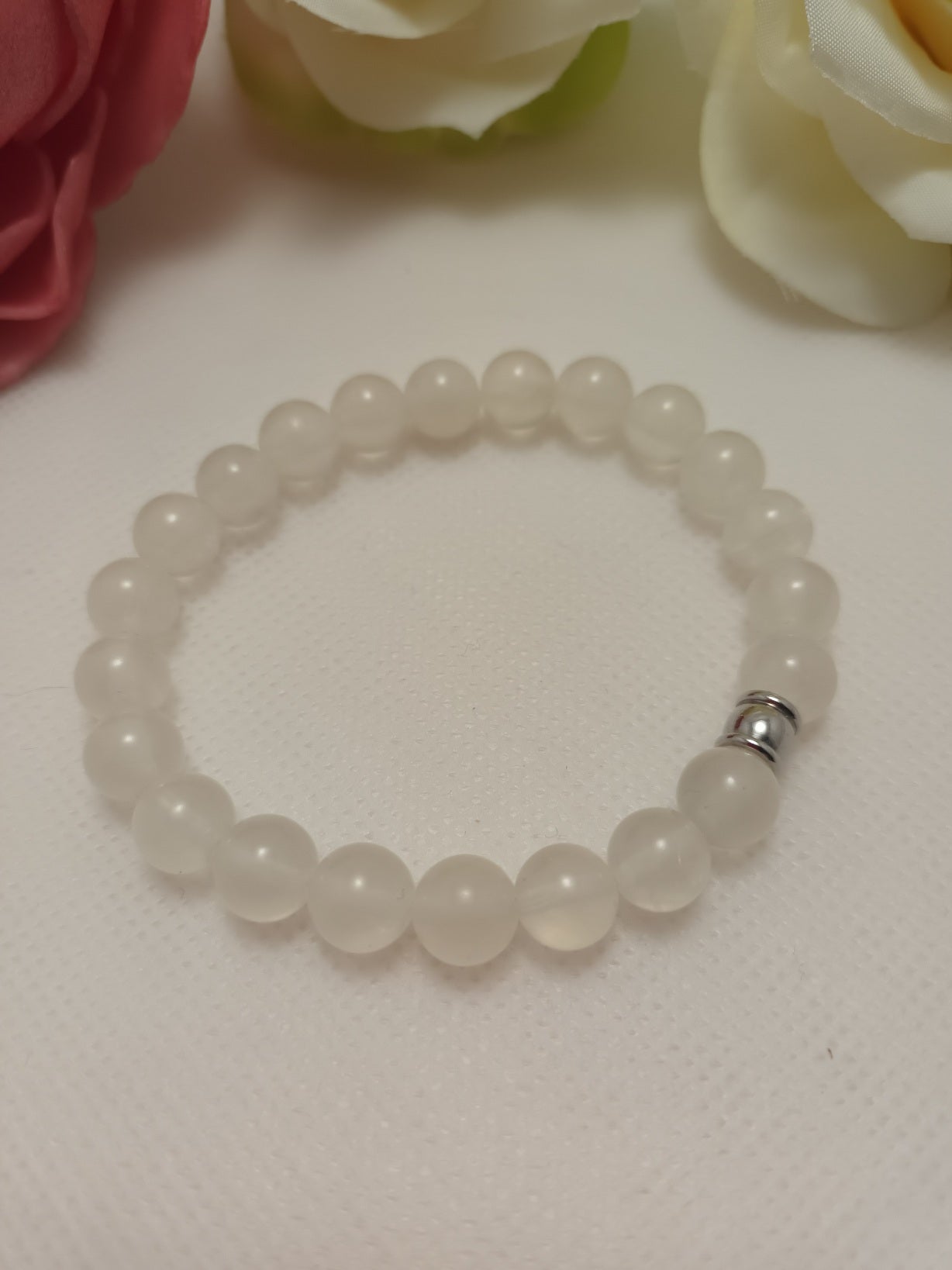Bracelet sélénite 8 mm - perle acier inox - élastique