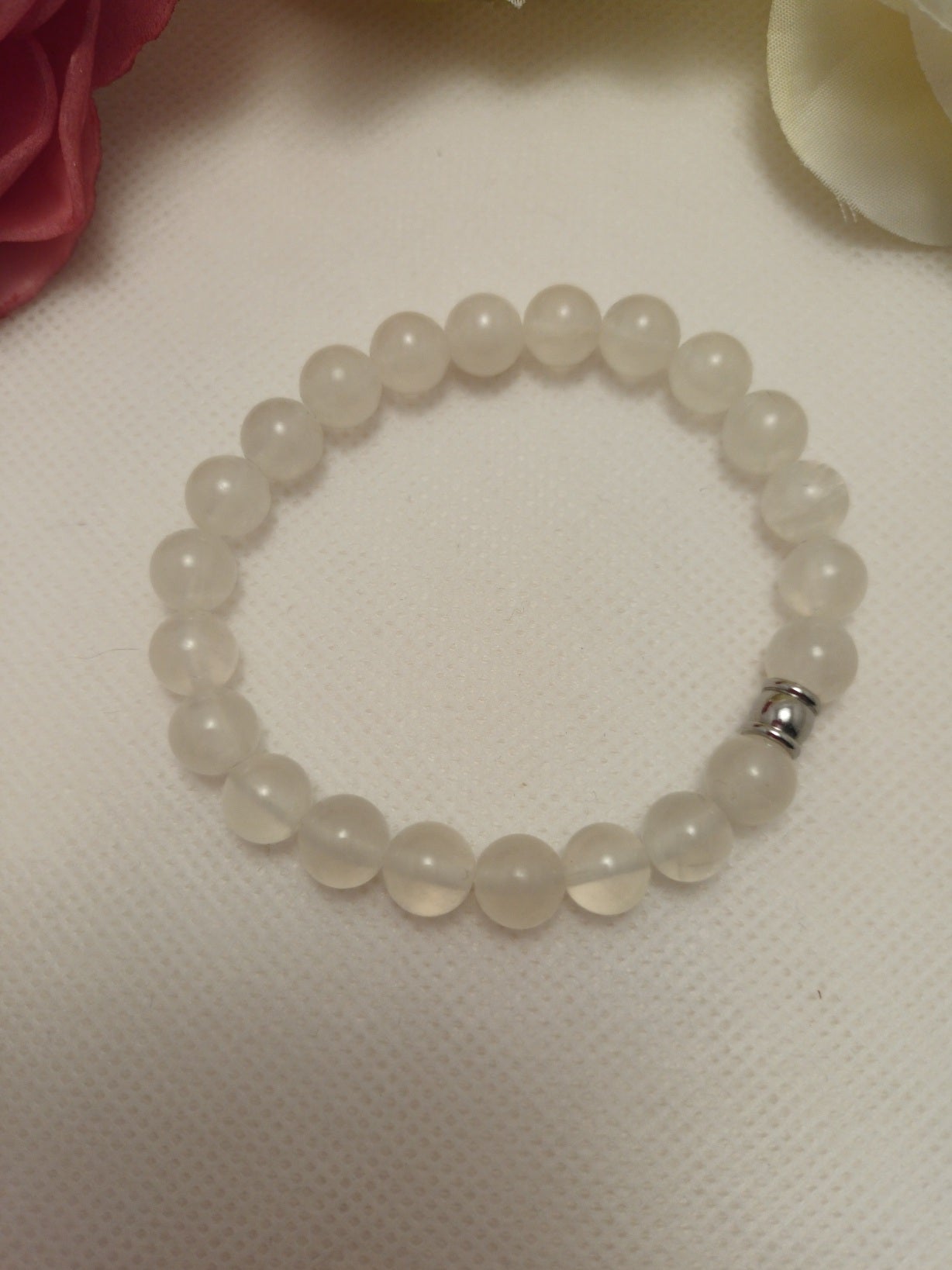 Bracelet sélénite 8 mm - perle acier inox - élastique
