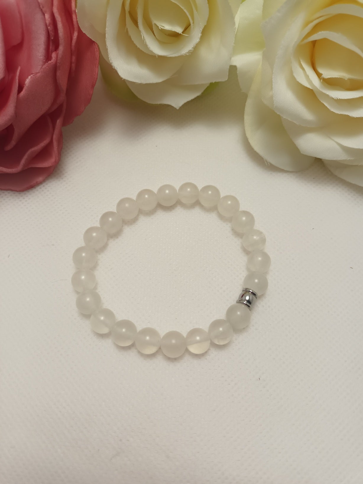 Bracelet sélénite 8 mm - perle acier inox - élastique