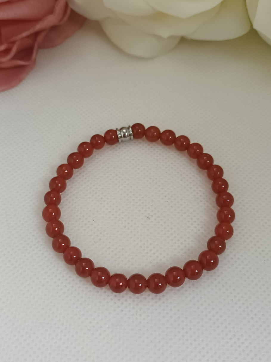 Bracelet cornaline 6 mm - perle acier inox  élastique 17 cm
