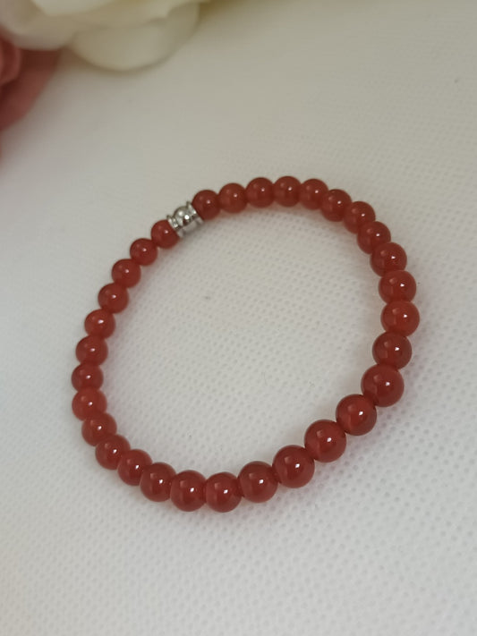 Bracelet cornaline 6 mm - perle acier inox  élastique 17 cm
