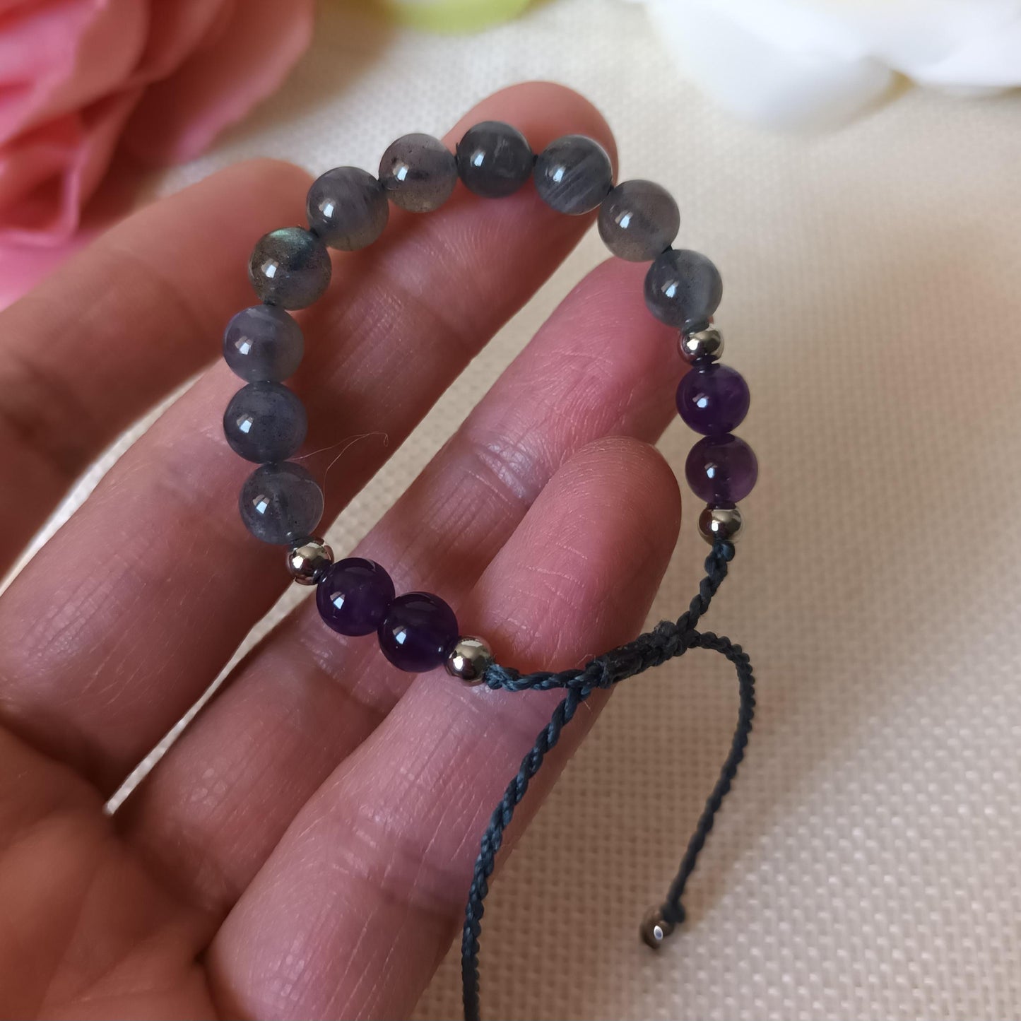 Bracelet labradorite et améthyste perles 6 mm - acier inox - réglable - enfant