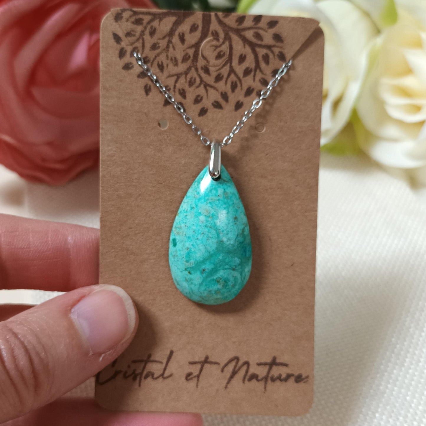 Pendentif turquoise du Pérou 3,4 × 1,9 cm - chaîne acier inox argent