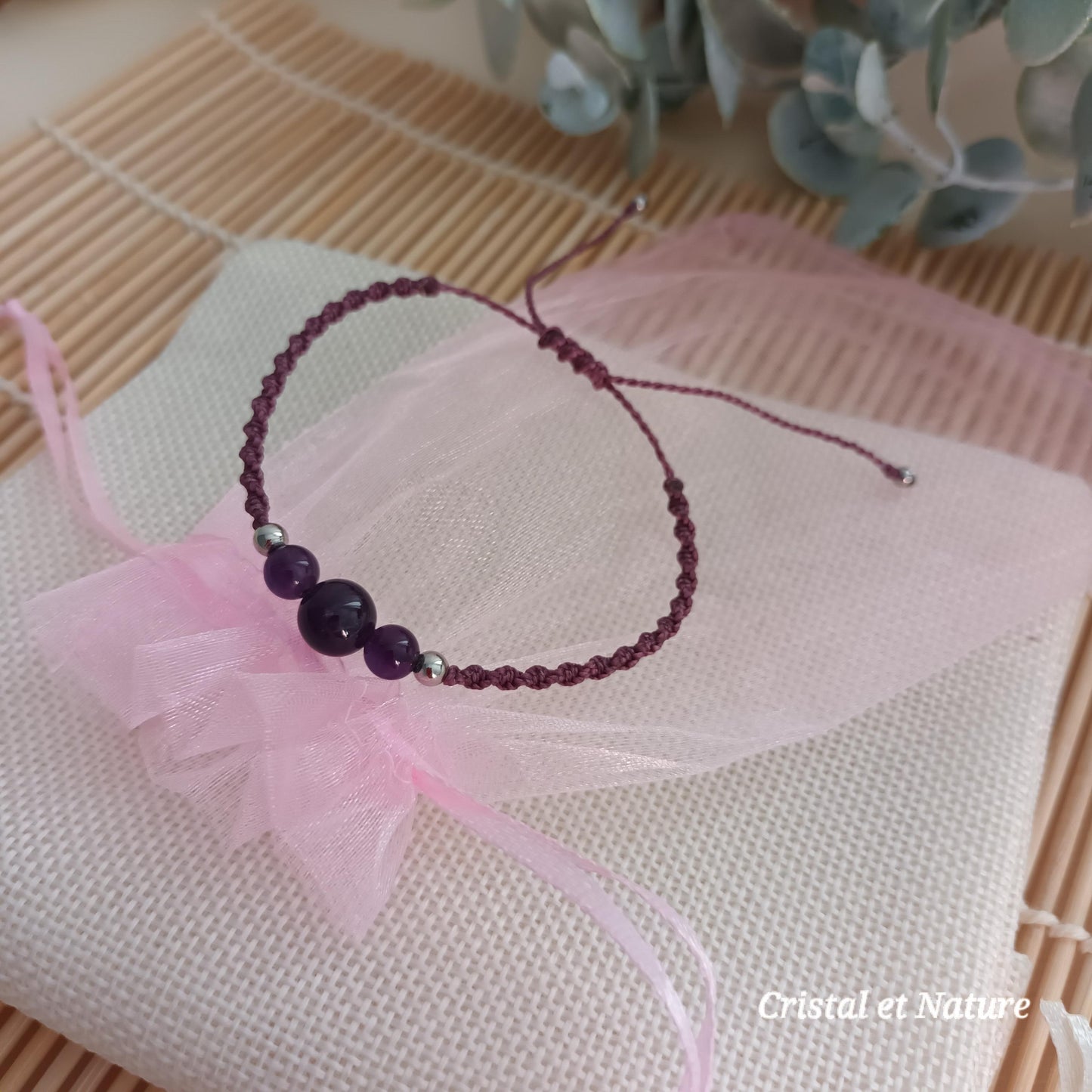 Bracelet micro‑macramé améthyste – perles 8 mm et 6 mm – ajustable