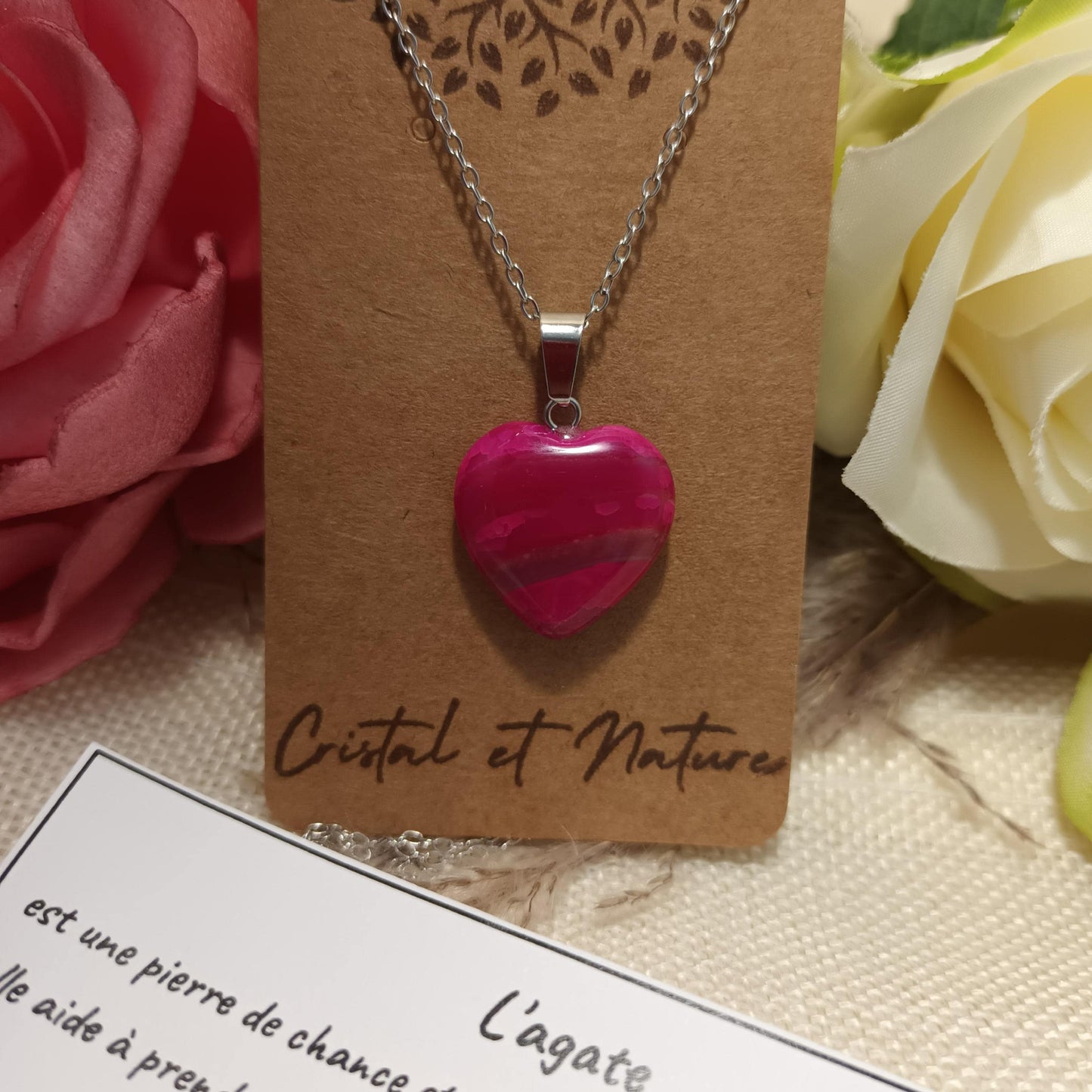 Pendentif cœur agate rose 2 × 2 cm - chaîne acier inox argent