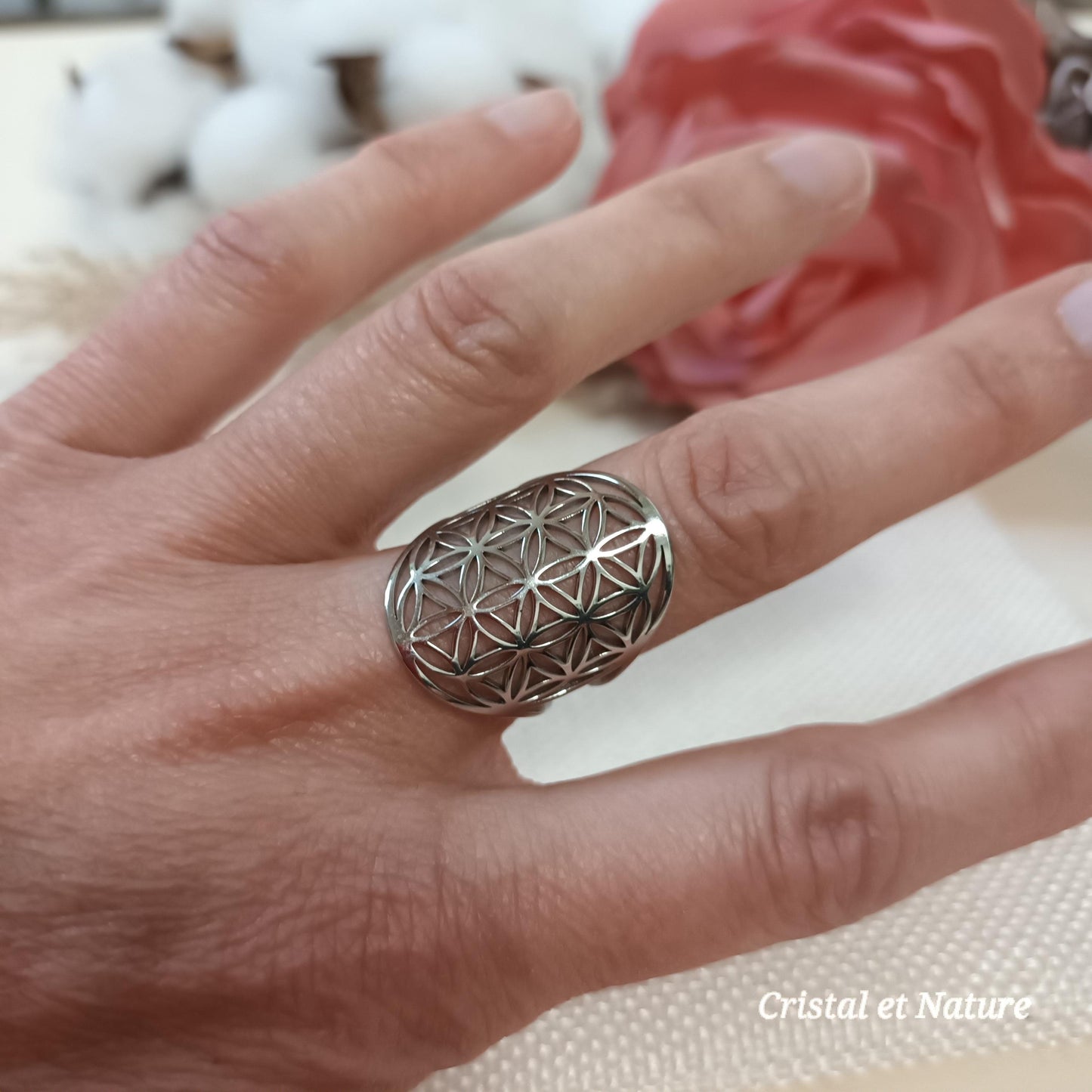 Bague fleur de vie réglable – acier inoxydable argenté