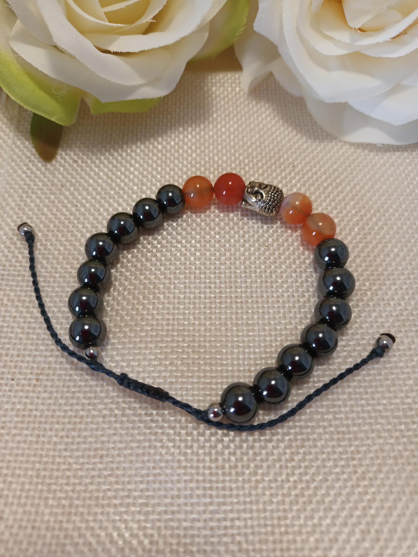 Bracelet hématite et cornaline 8 mm - Bouddha acier inox - ajustable