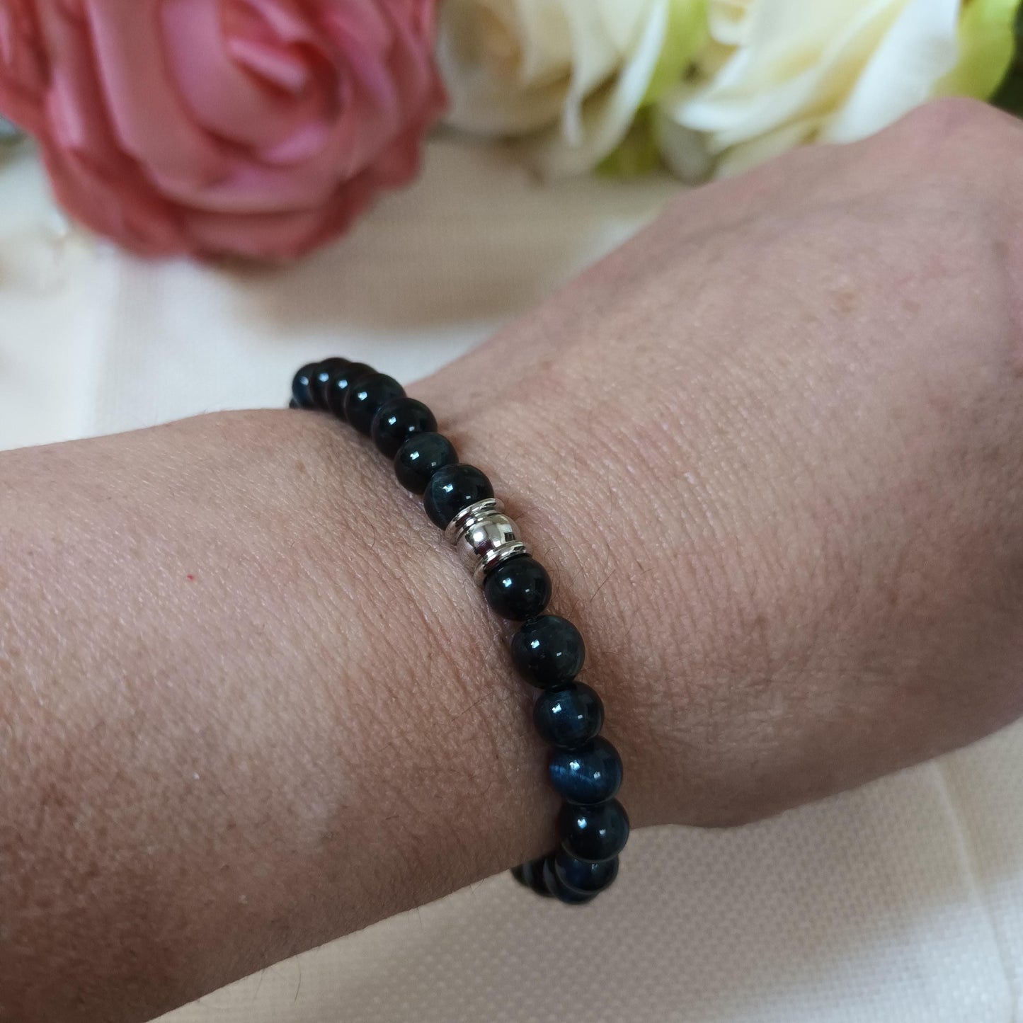 Bracelet œil de faucon 6 mm – perle acier inox – élastique