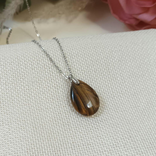 Pendentif œil de tigre goutte – collier acier inoxydable argenté – 2,6 × 1,8 cm