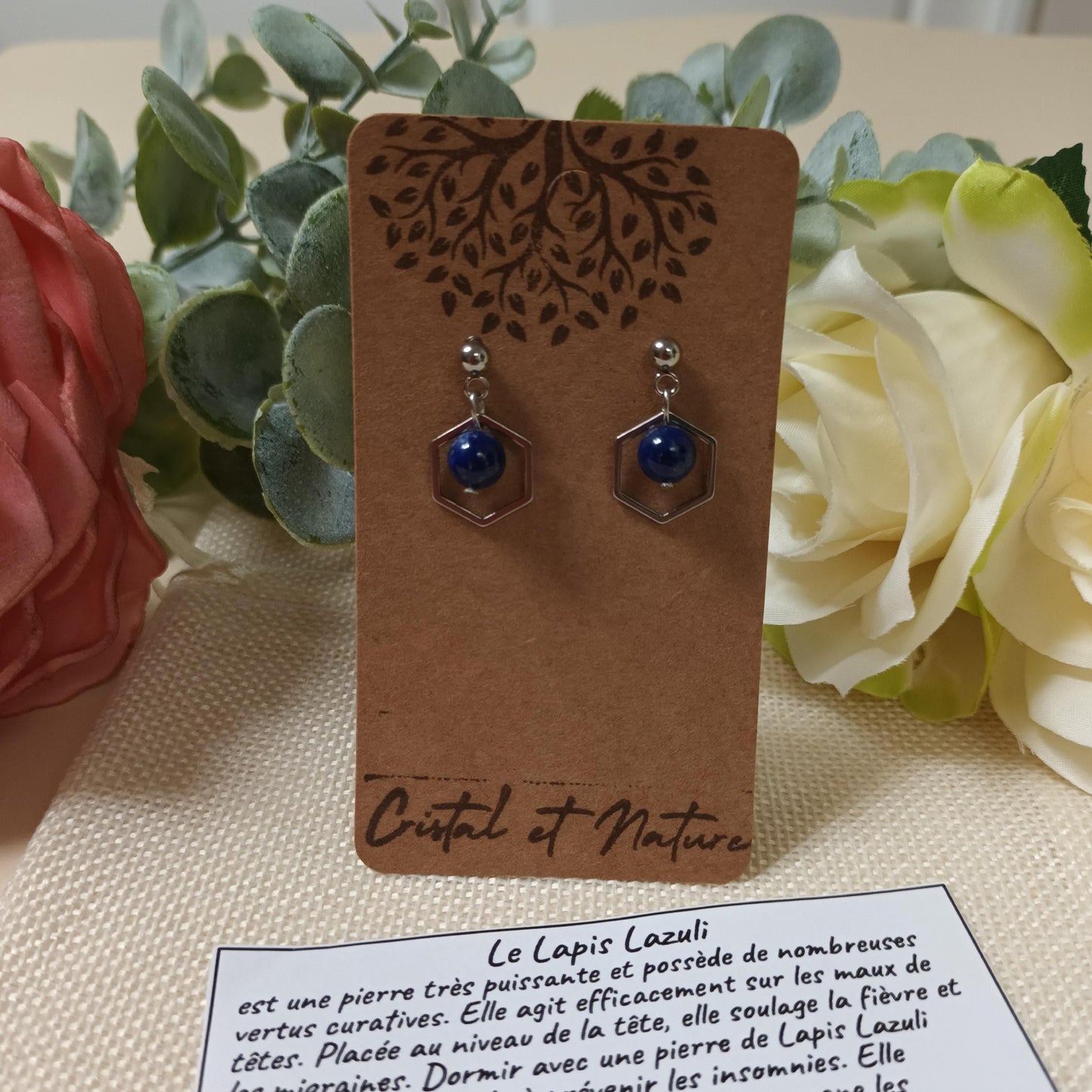 Boucles d’oreilles lapis‑lazuli – acier inox argent – 2 × 1,2 cm