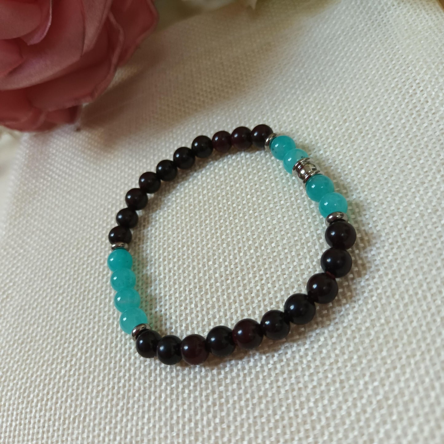 Bracelet bois foncé 6mm - amazonite du Pérou - perles acier inox - élastique