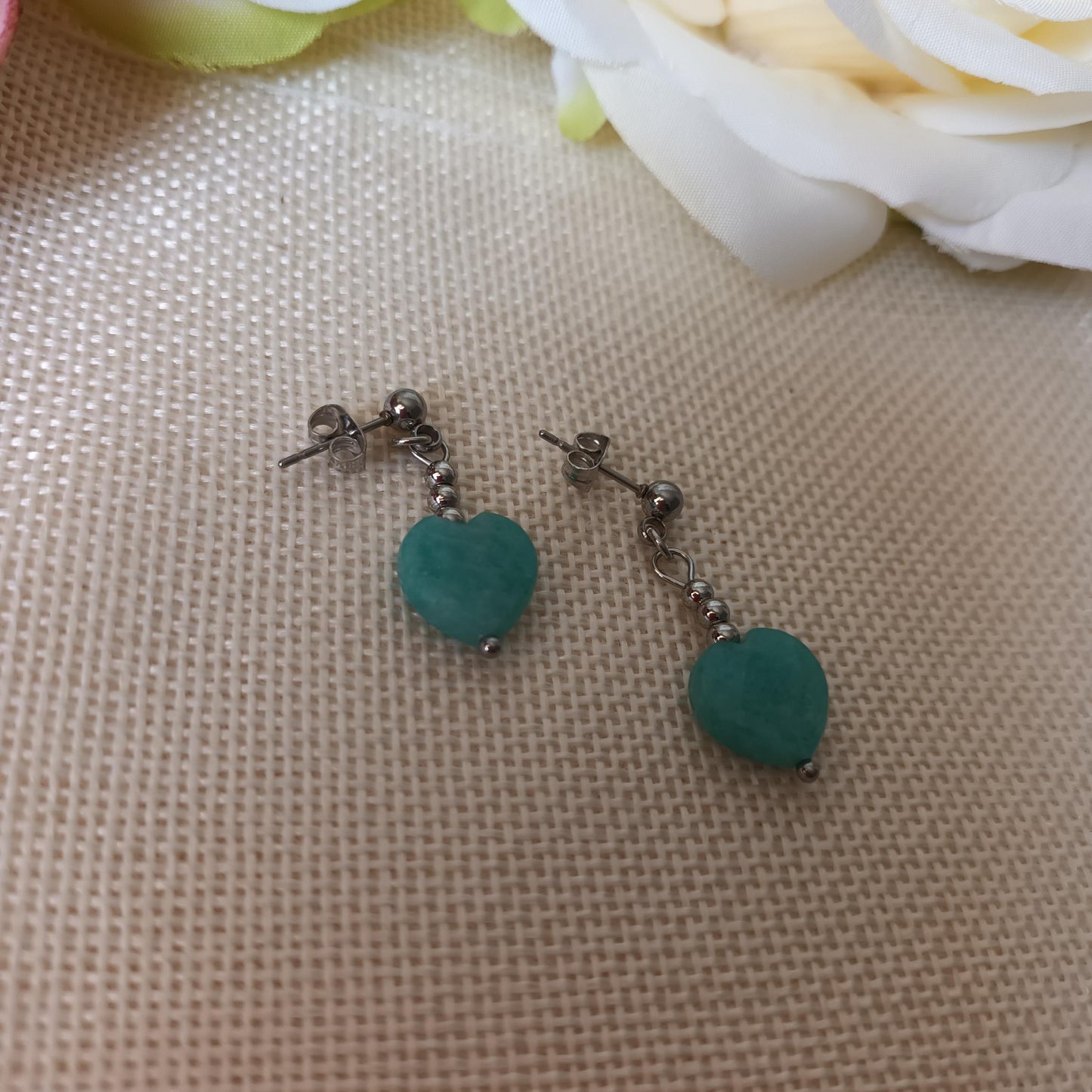 Boucles d’oreilles amazonite - cœur - acier inox - 3,2 cm
