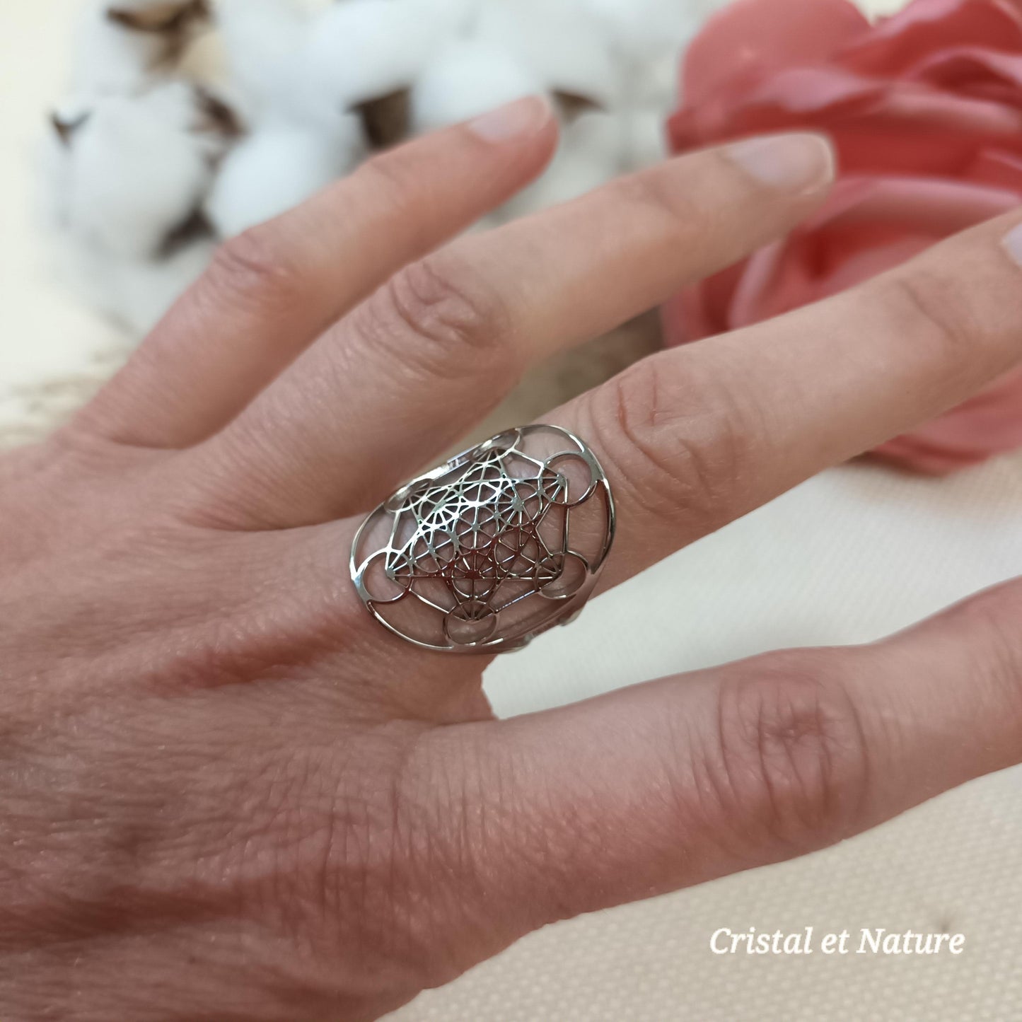 Bague cube de Métatron réglable – acier inoxydable argenté – géométrie sacrée