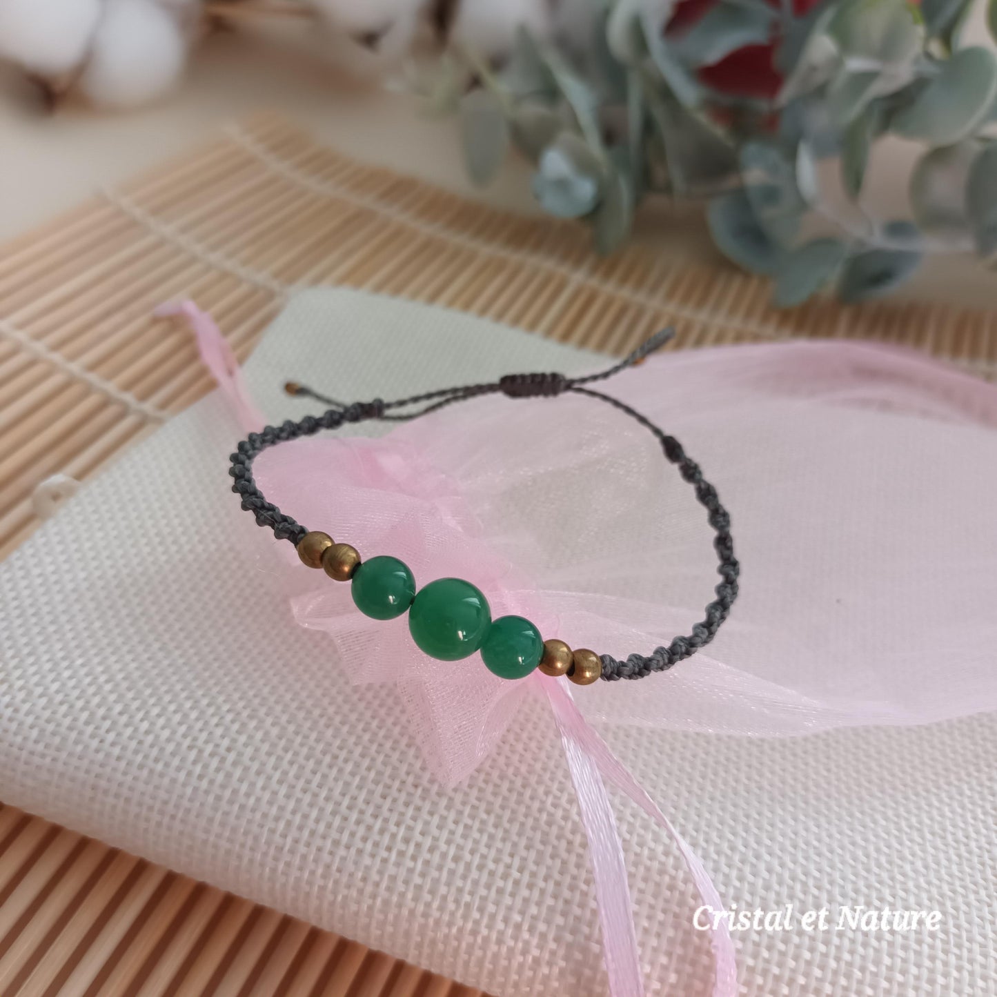 Bracelet micro‑macramé réglable – aventurine verte et laiton