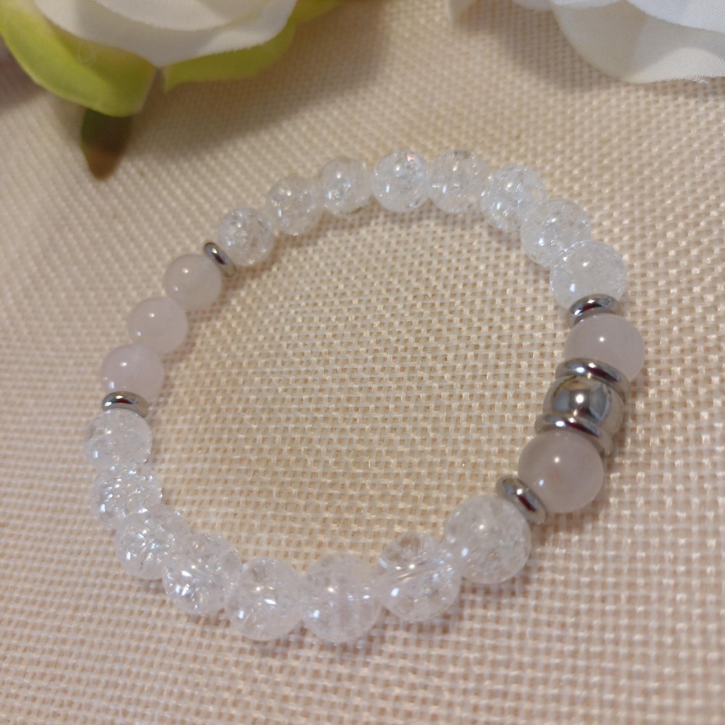 Bracelet cristal de roche craquelé et quartz rose 8 mm - perles acier inox - élastique 15,5 cm