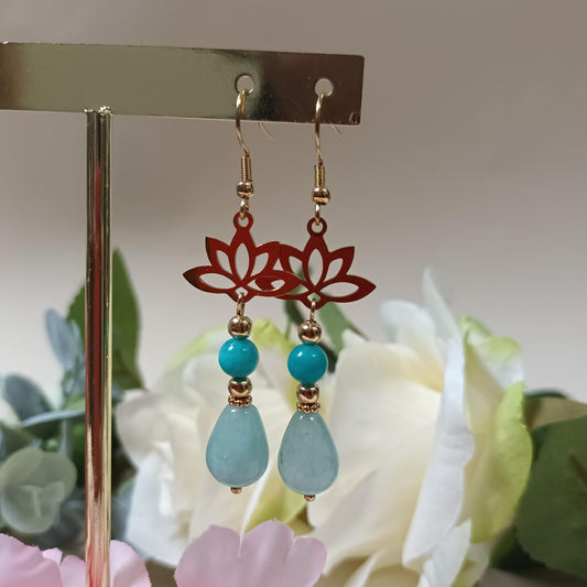 Boucles d’oreilles amazonite – lotus acier inox or – 6,6 × 1 cm – fait main