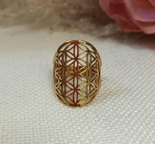 Bague fleur de vie réglable – acier inoxydable doré