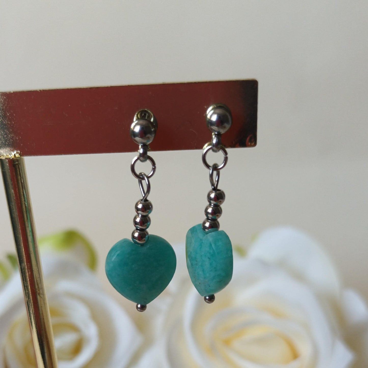 Boucles d’oreilles amazonite - cœur - acier inox - 3,2 cm
