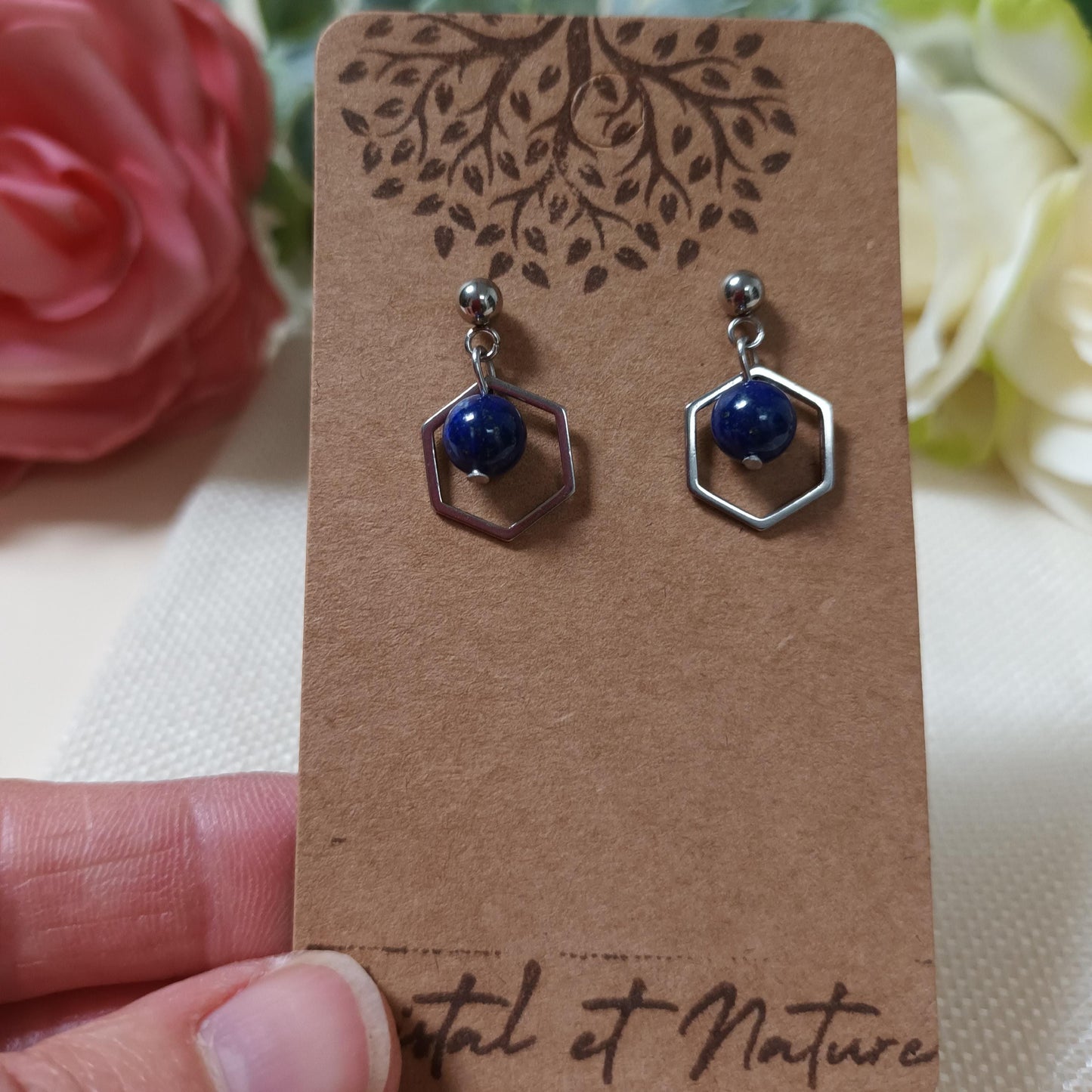 Boucles d’oreilles lapis‑lazuli – acier inox argent – 2 × 1,2 cm