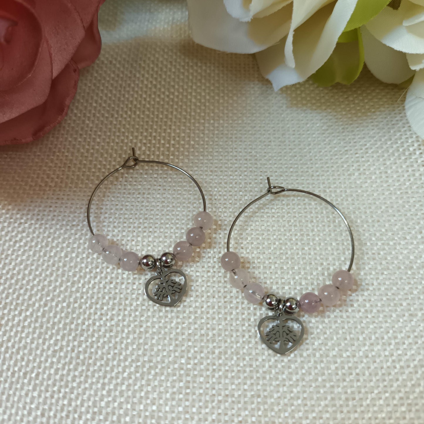 Boucles d’oreilles quartz rose - anneaux - acier inox argent - 4 × 3 cm
