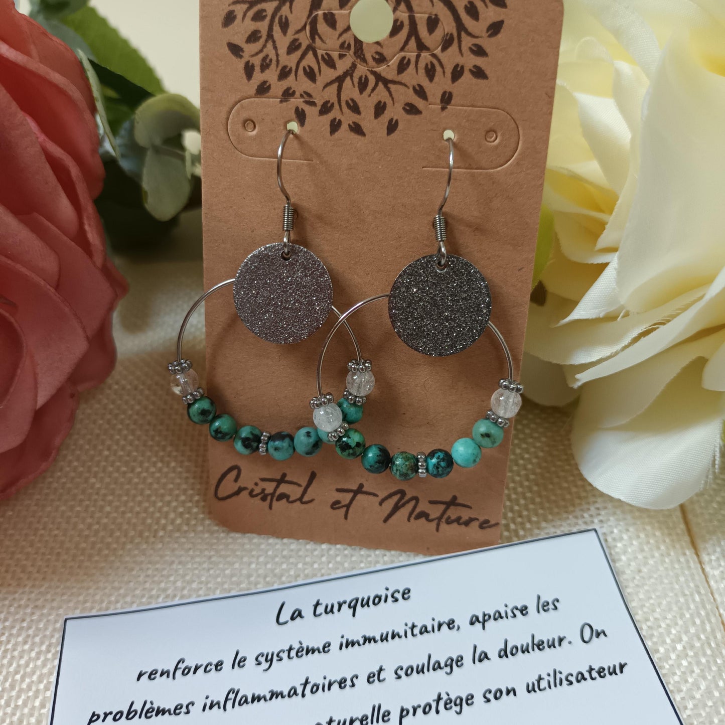 Boucles d’oreilles turquoise d’Afrique & cristal de roche • anneaux • acier inox argent • 5 × 3,5 cm