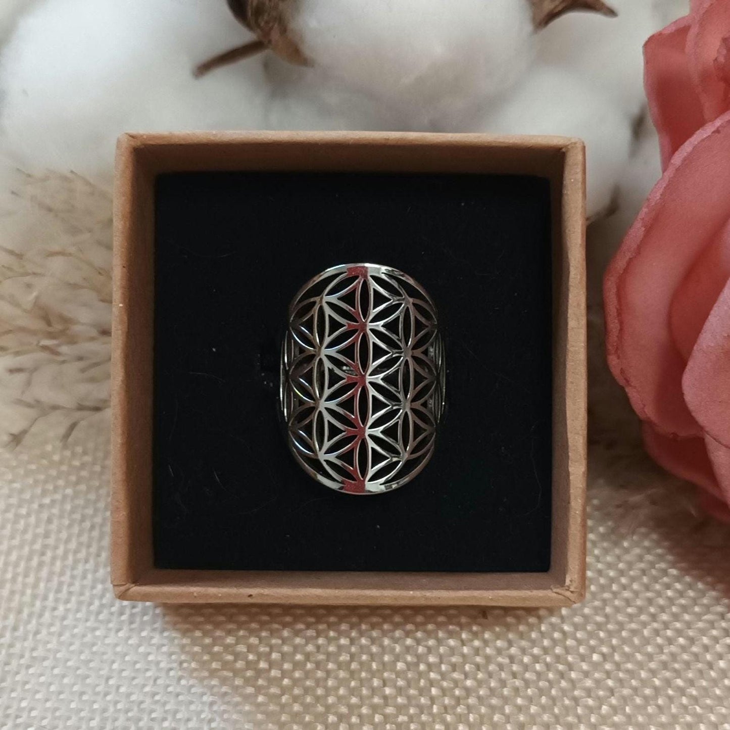 Bague fleur de vie réglable – acier inoxydable argenté