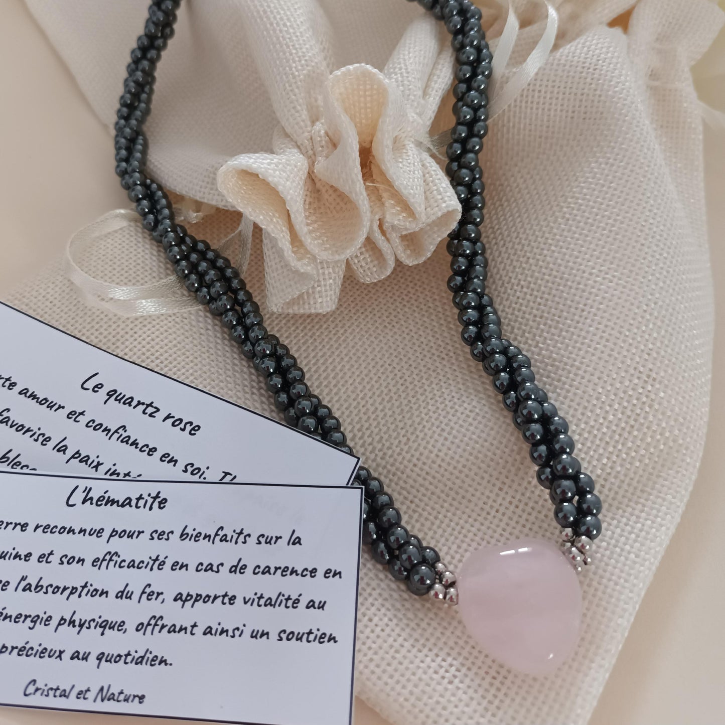 Collier quartz rose et hématite – cœur central – acier inoxydable