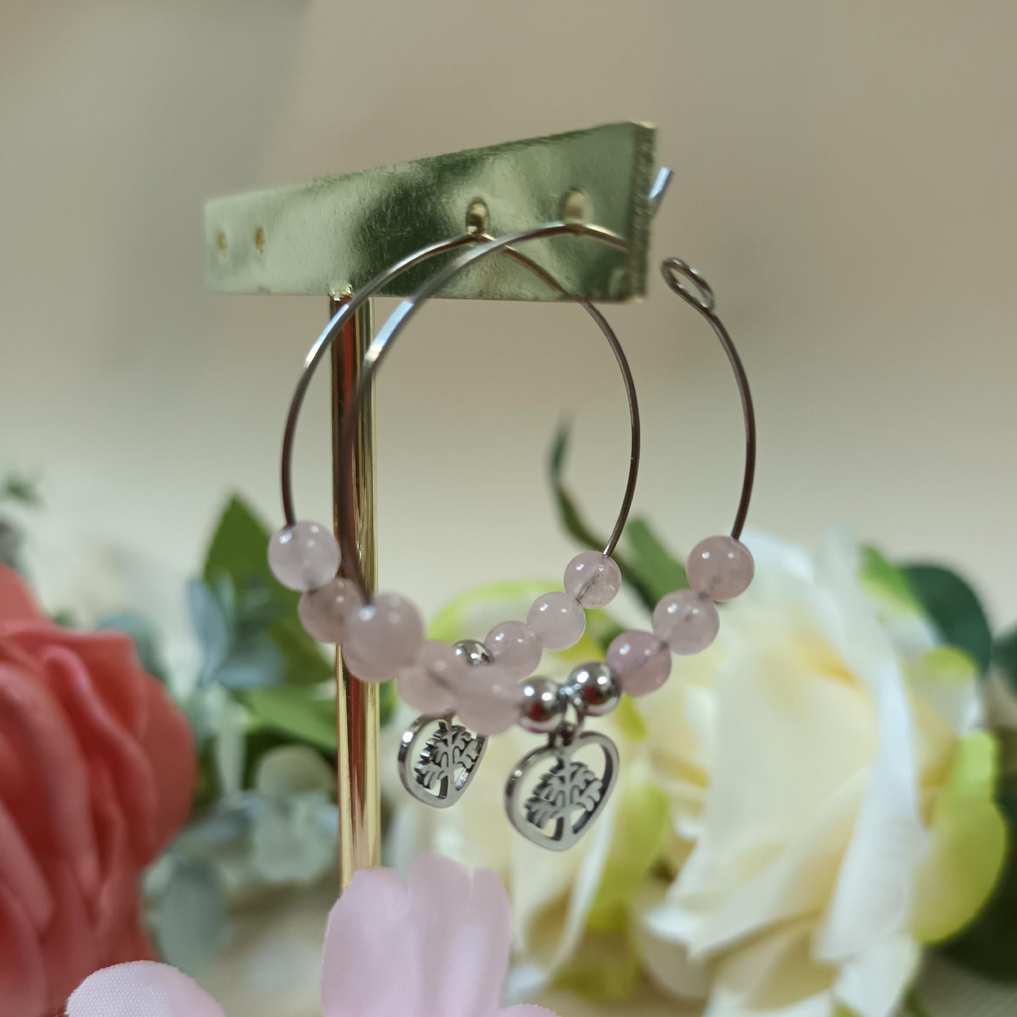 Boucles d’oreilles quartz rose - anneaux - acier inox argent - 4 × 3 cm