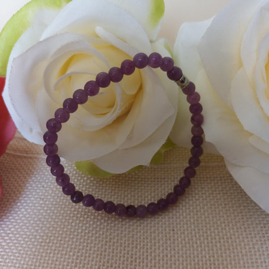Bracelet lépidolite 4 mm - perle acier inox – élastique 15,5 cm