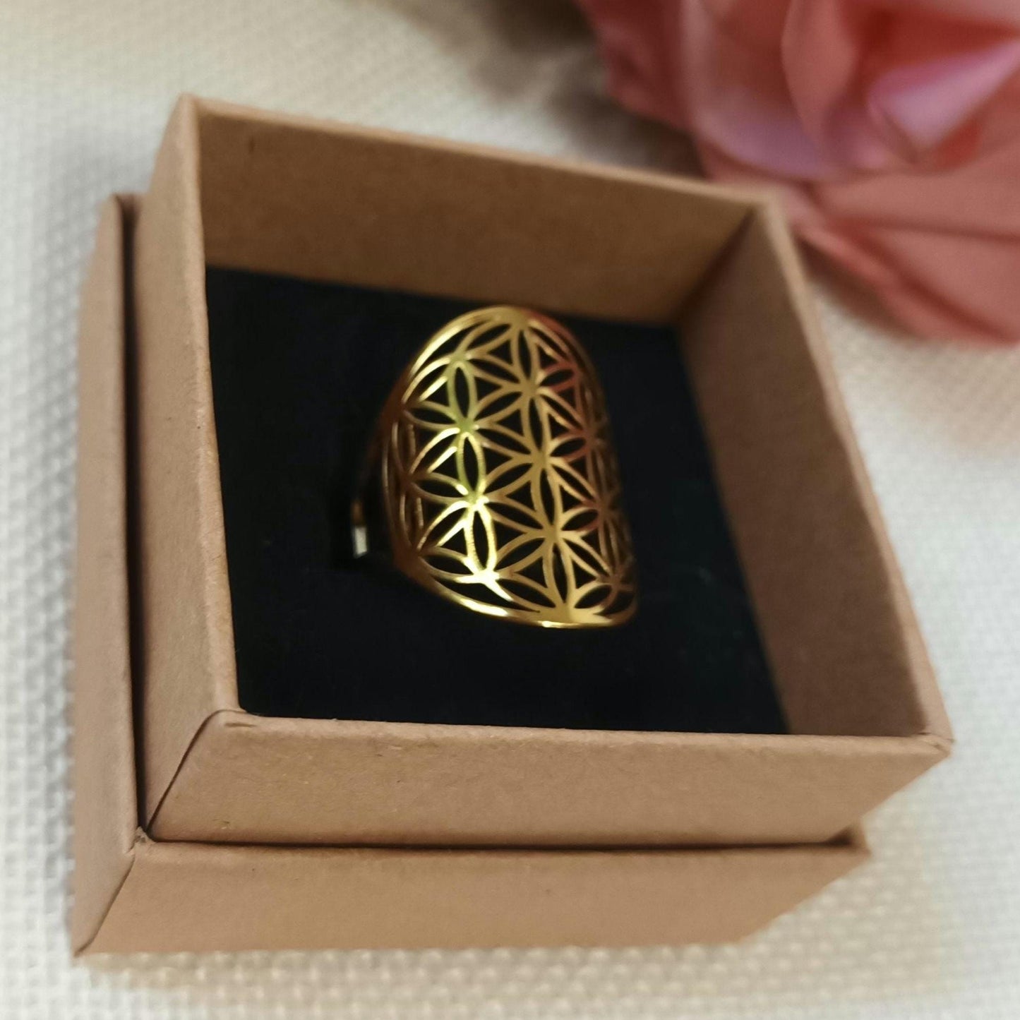Bague fleur de vie réglable – acier inoxydable doré