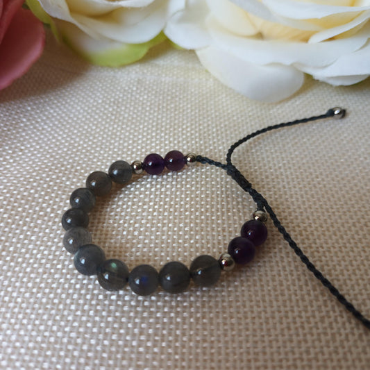 Bracelet labradorite et améthyste perles 6 mm - acier inox - réglable - enfant