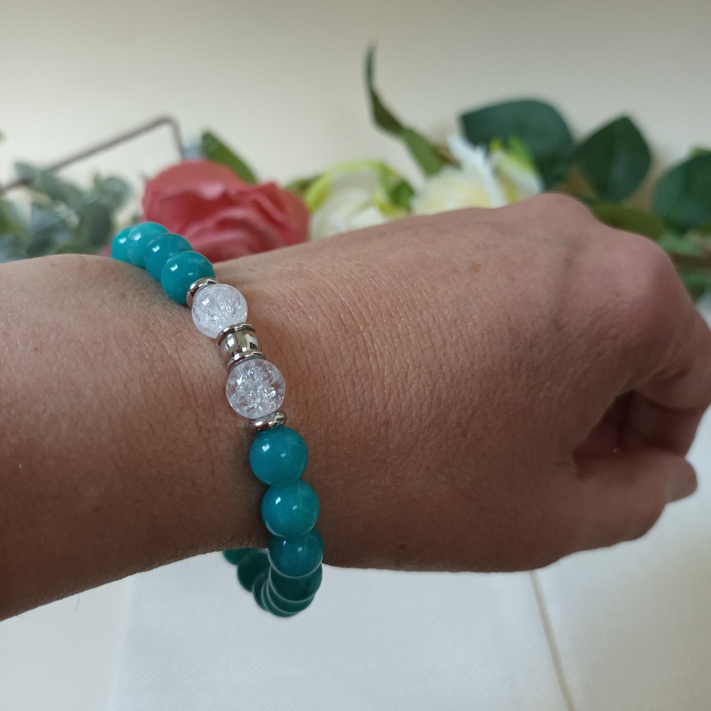Bracelet amazonite du Pérou - cristal de roche 8 mm - perles acier inox - élastique 18 cm