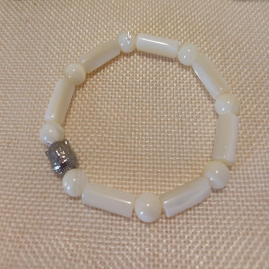 Bracelet nacre 8 mm - Bouddha acier inox - élastique 16 cm