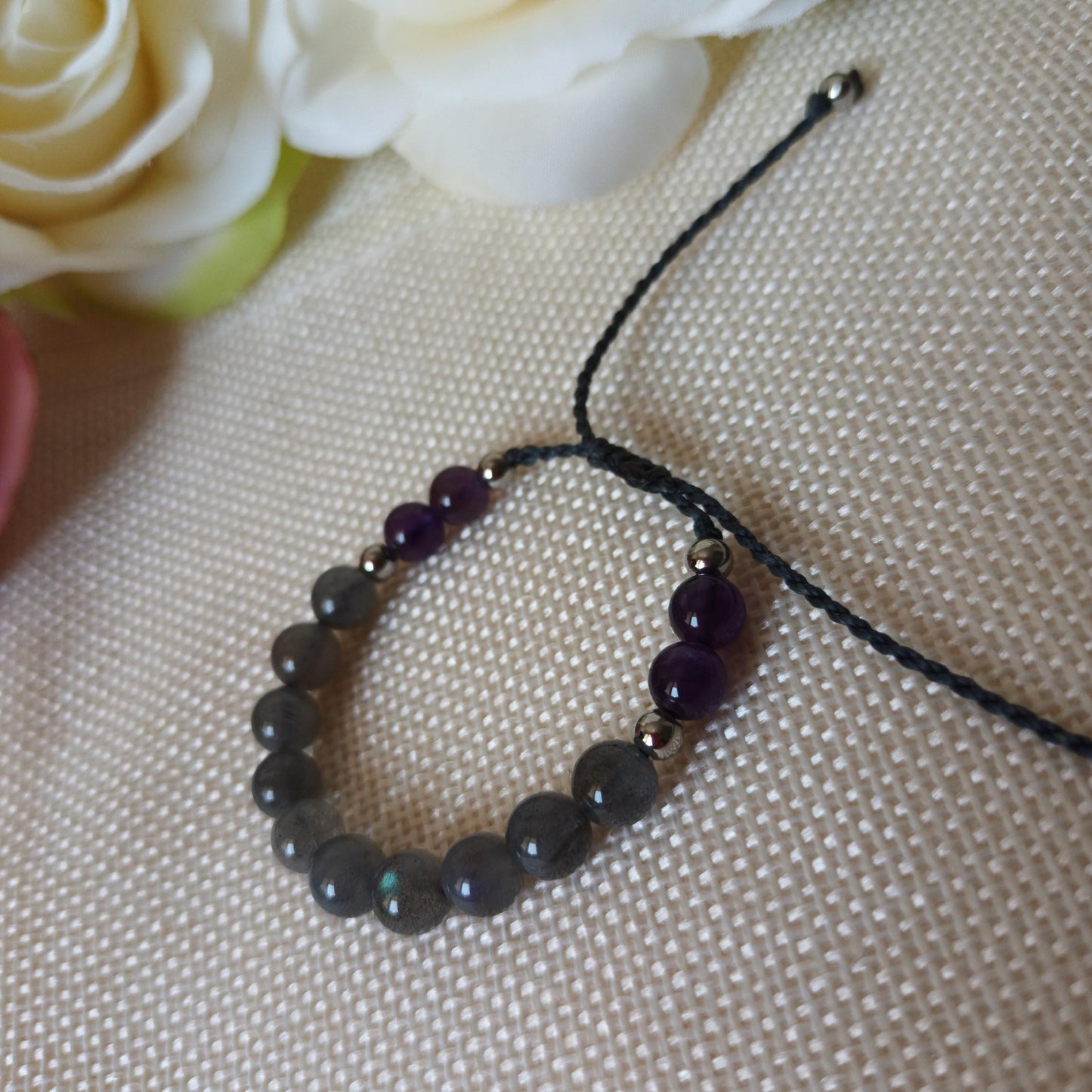 Bracelet labradorite et améthyste perles 6 mm - acier inox - réglable - enfant
