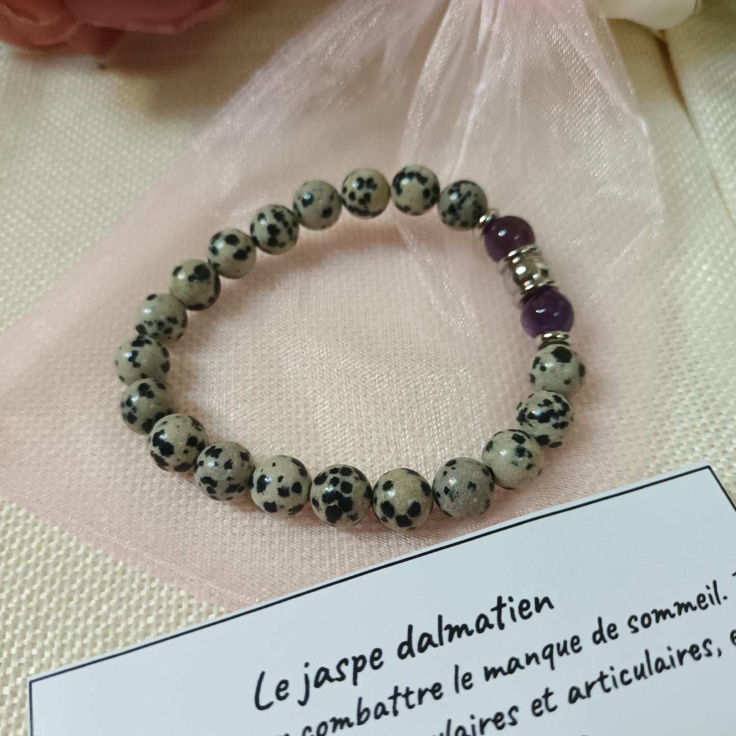 Bracelet jaspe dalmatien et améthyste 8 mm - perles acier inox - élastique