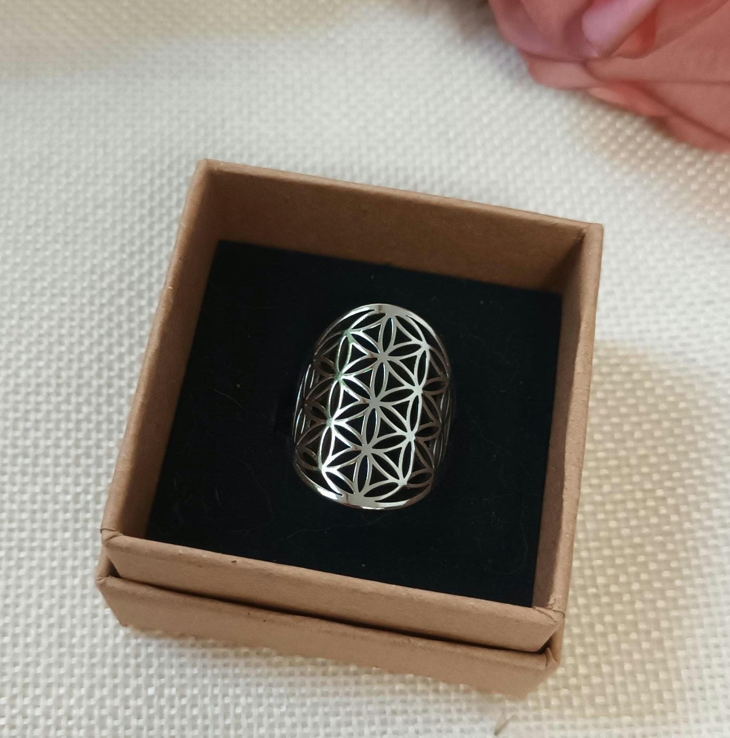 Bague fleur de vie réglable – acier inoxydable argenté