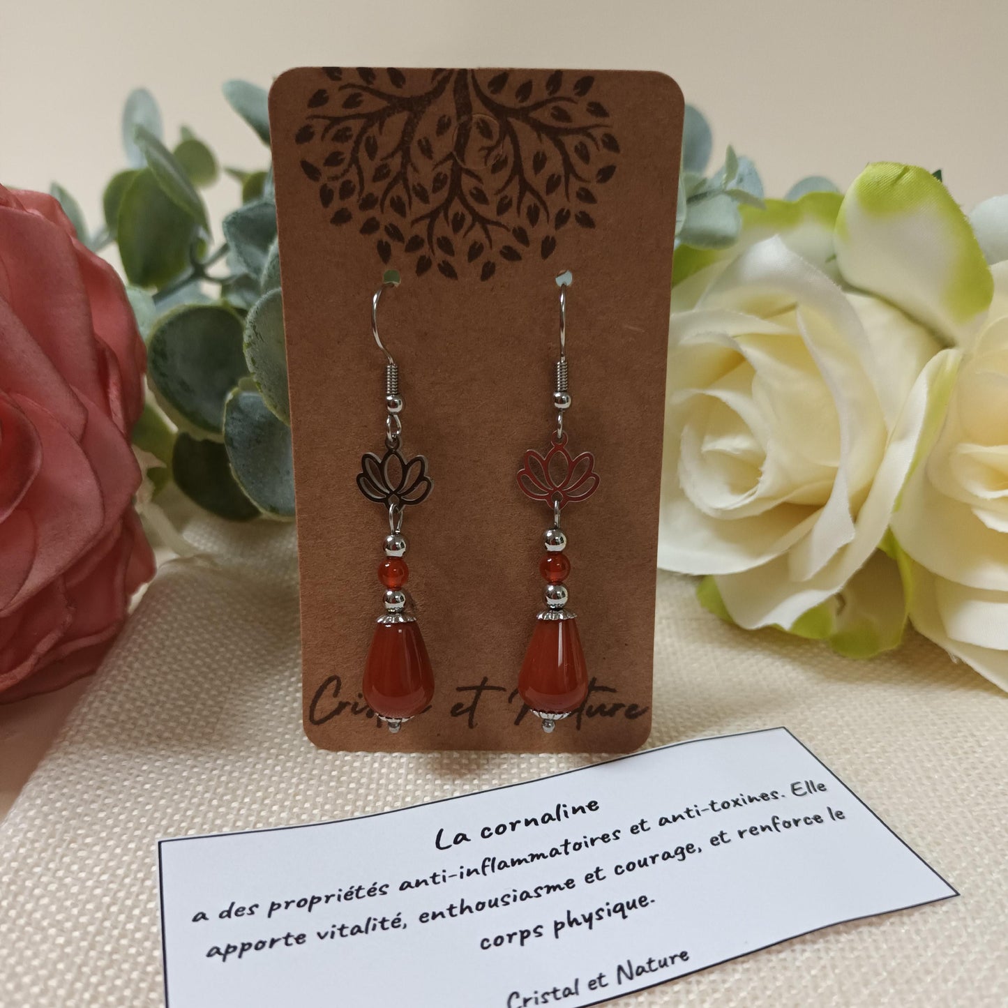 Boucles d’oreilles cornaline – lotus acier inox argent – 6 × 1 cm