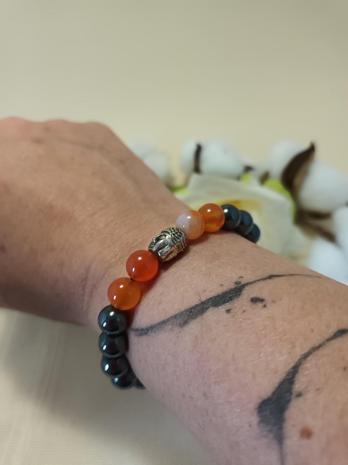 Bracelet hématite et cornaline 8 mm - Bouddha acier inox - ajustable
