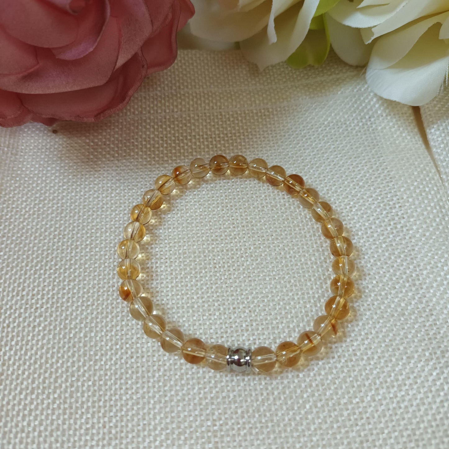 Bracelet citrine 6 mm - perle acier inox – élastique