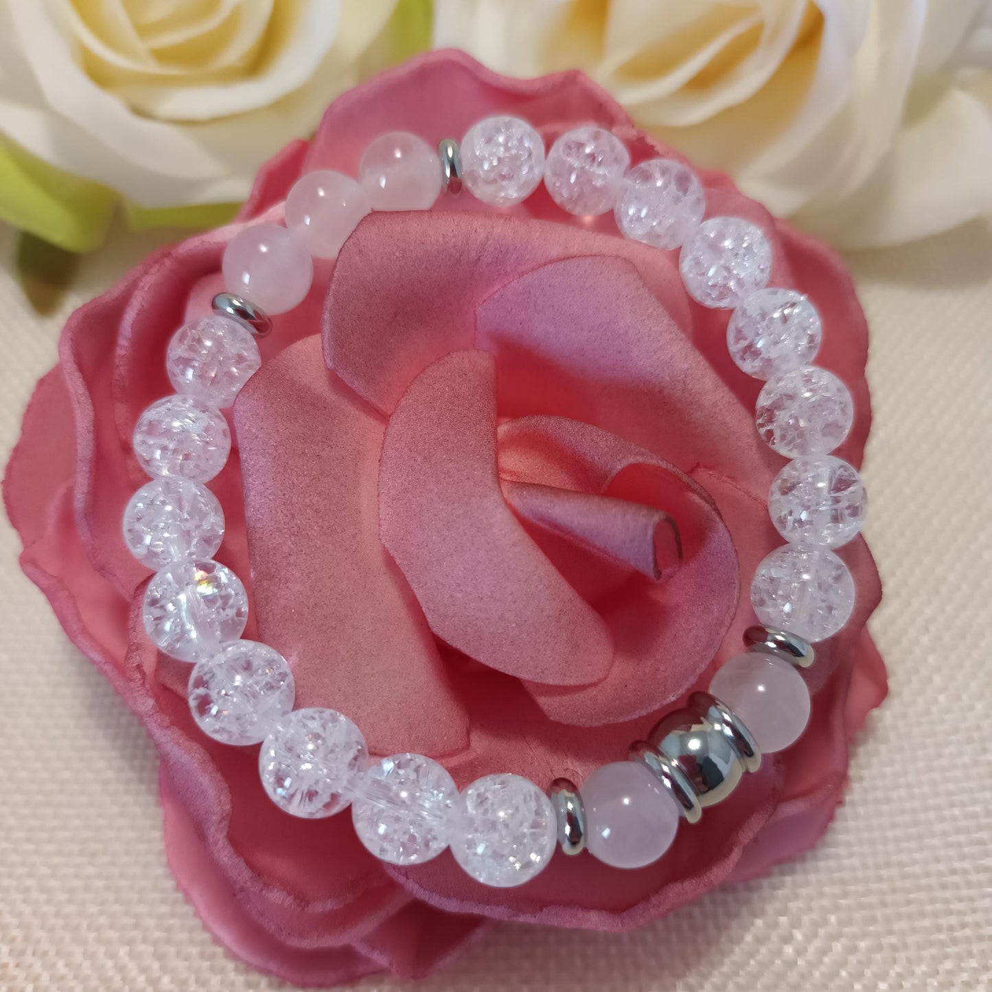 Bracelet cristal de roche craquelé et quartz rose 8 mm - perles acier inox - élastique 15,5 cm