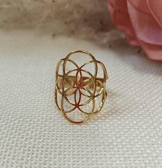 Bague fleur de vie dorée réglable – acier inoxydable or