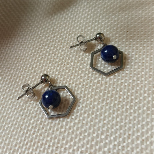 Boucles d’oreilles lapis‑lazuli – acier inox argent – 2 × 1,2 cm