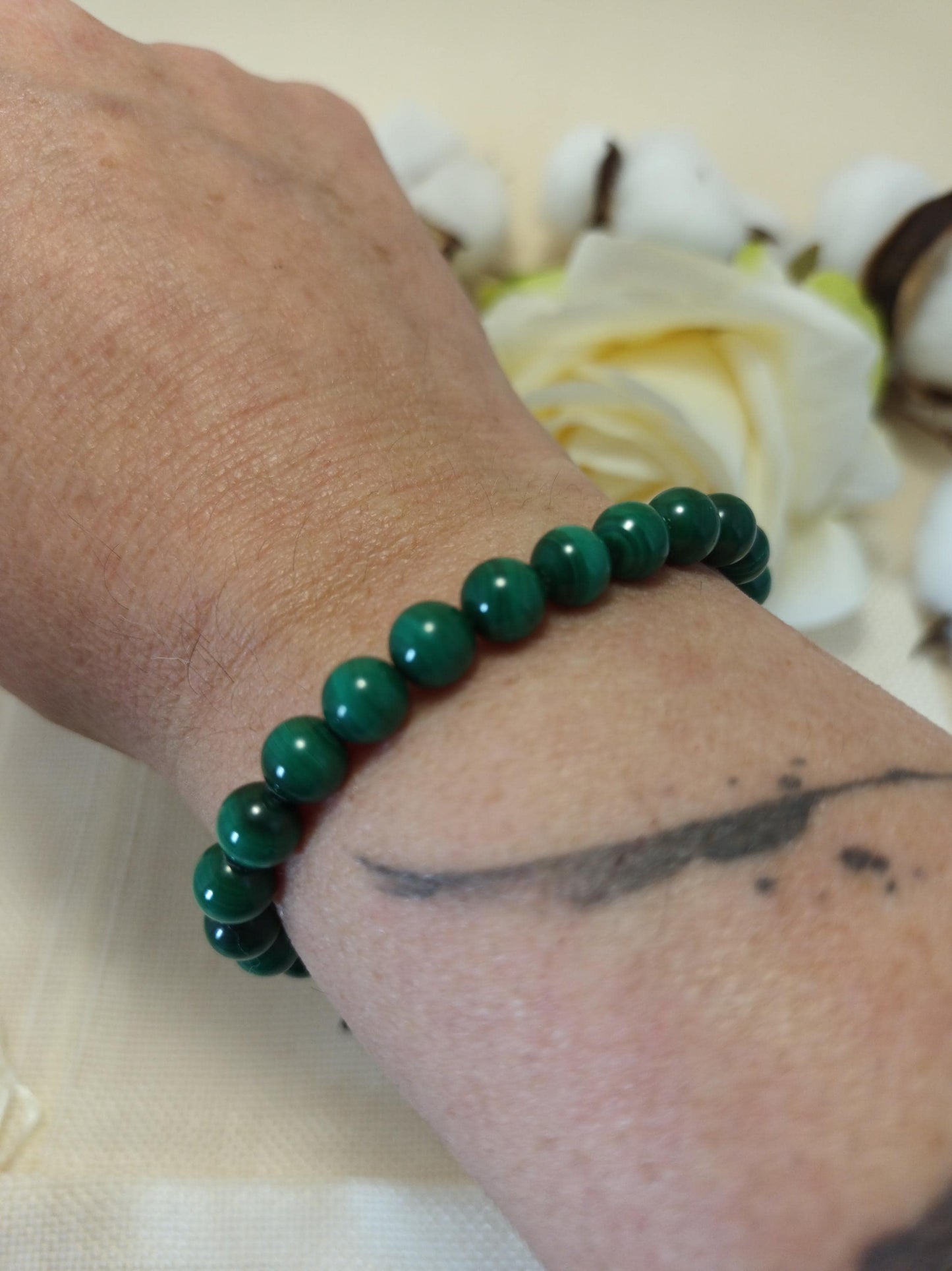 Bracelet malachite 6 mm - micro-macramé - réglable