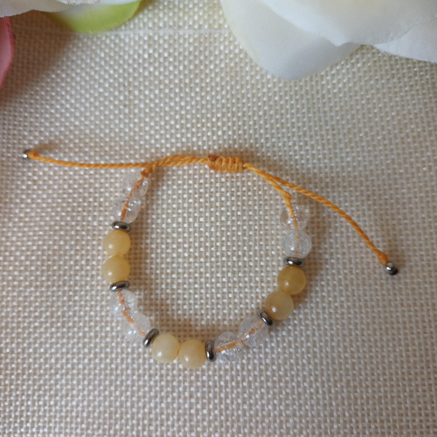 Bracelet calcite jaune et cristal de roche perles 6 mm - réglable - enfant