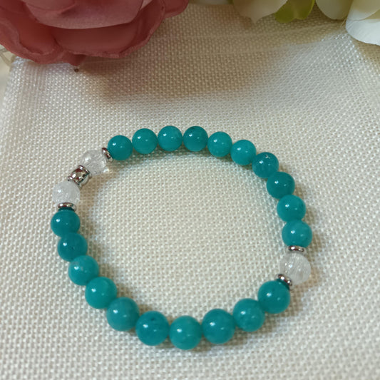 Bracelet amazonite du Pérou - cristal de roche 8 mm - perles inox - élastique 18 cm