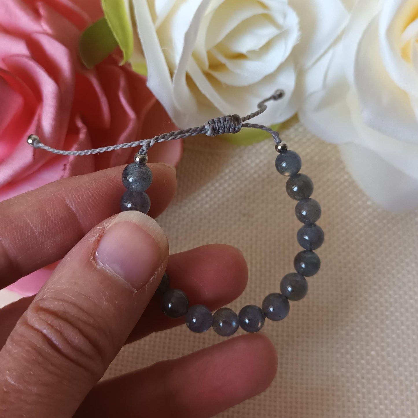 Bracelet enfant labradorite perles 6 mm - acier inox - réglable - enfant