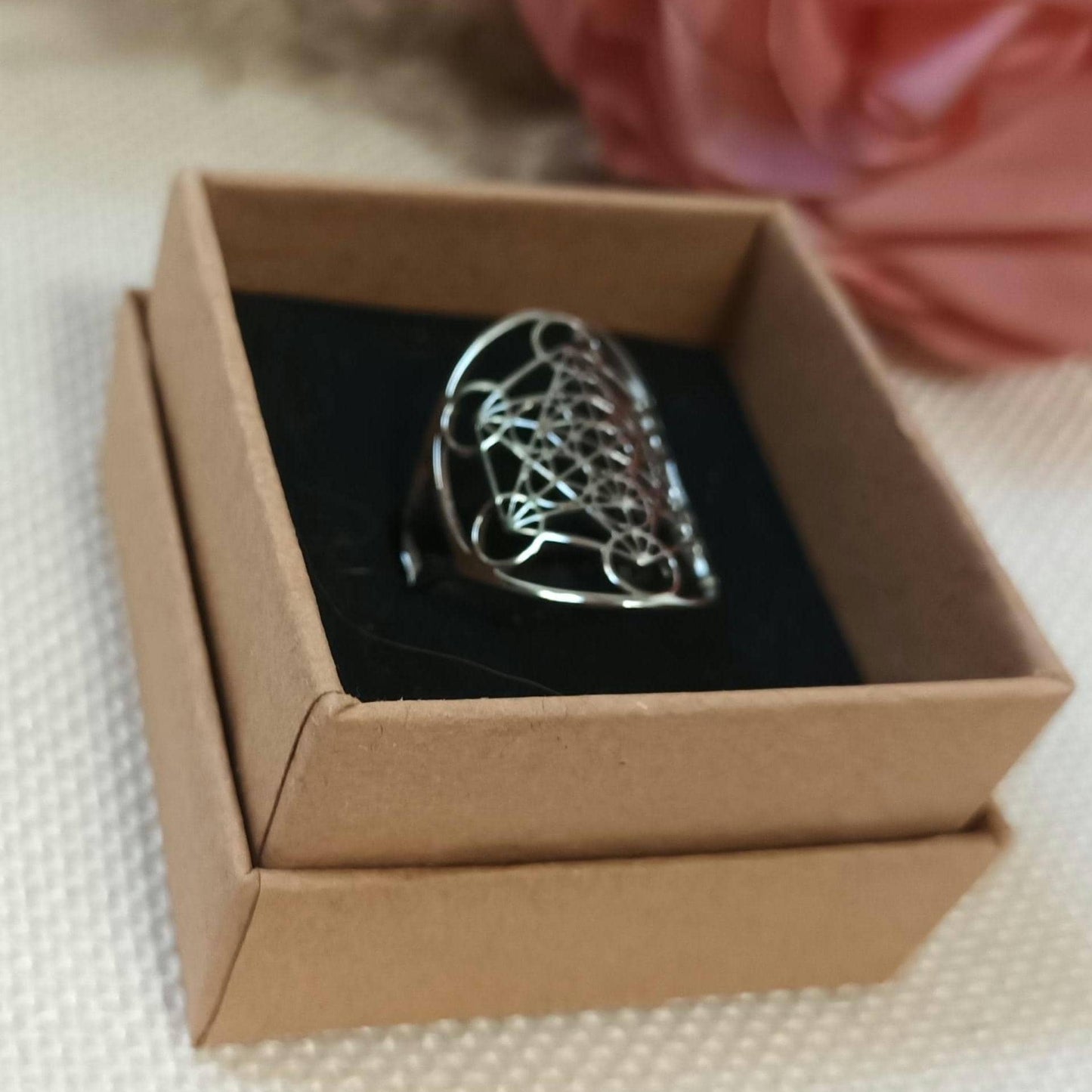 Bague cube de Métatron réglable – acier inoxydable argenté – géométrie sacrée