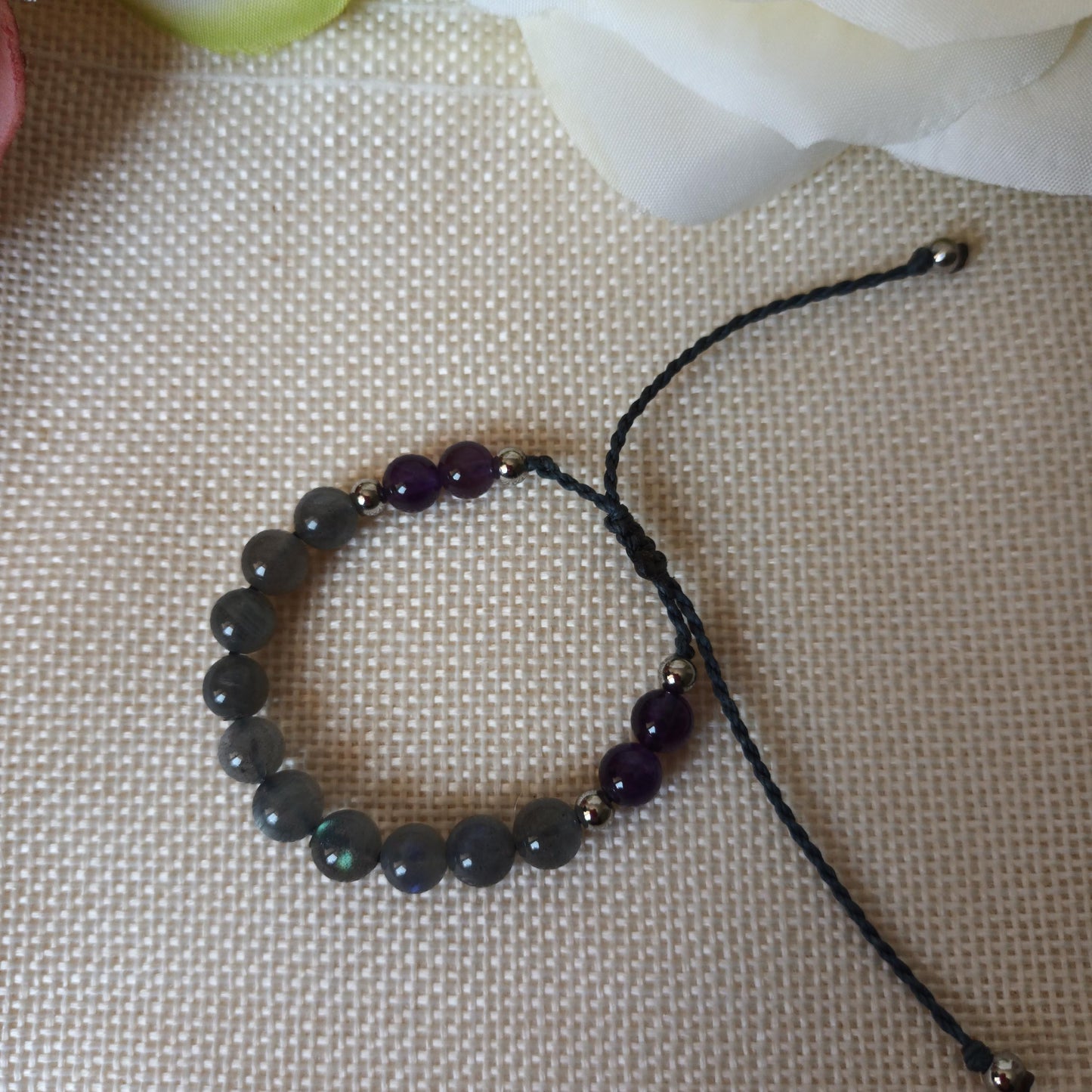 Bracelet labradorite et améthyste perles 6 mm - acier inox - réglable - enfant