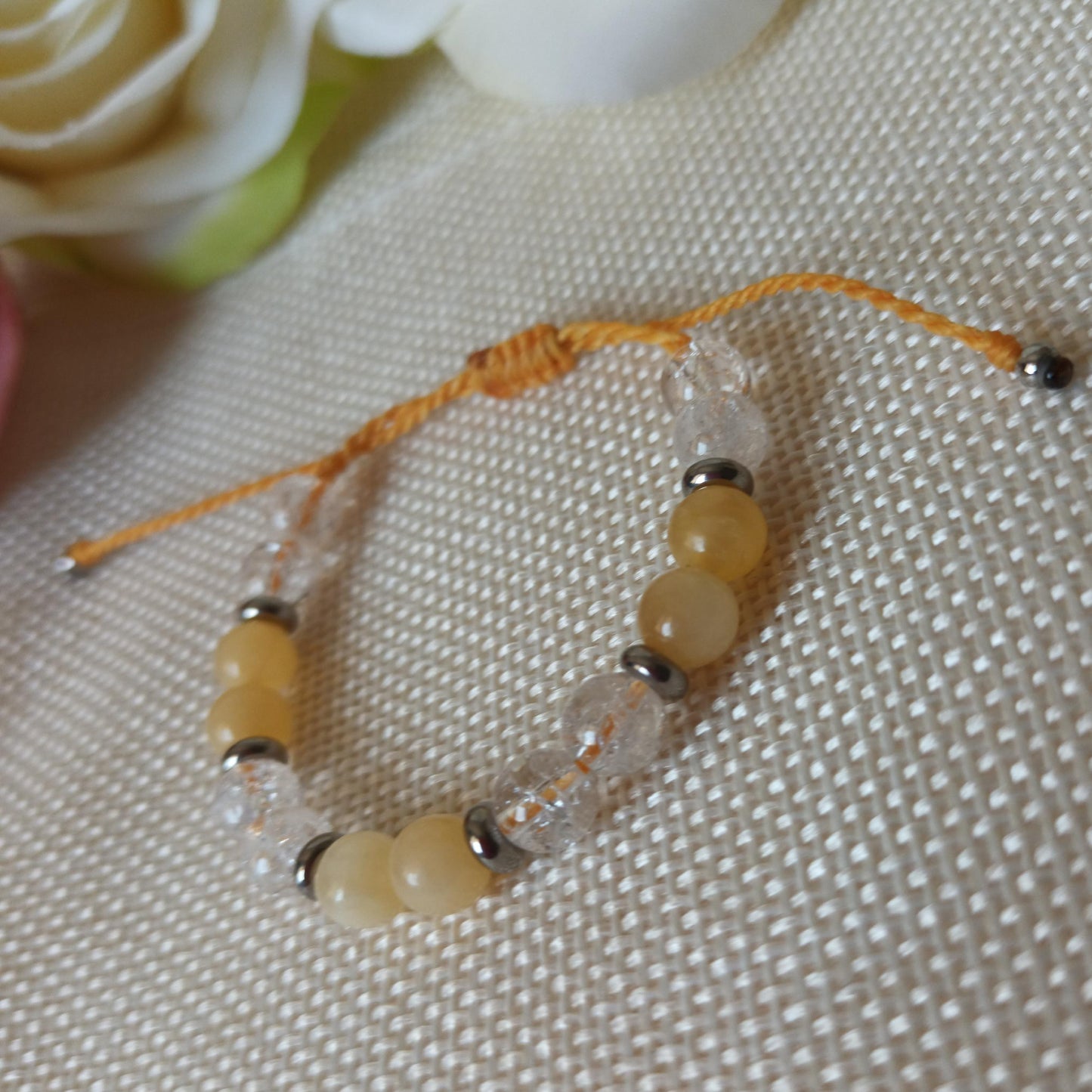 Bracelet calcite jaune et cristal de roche perles 6 mm - réglable - enfant