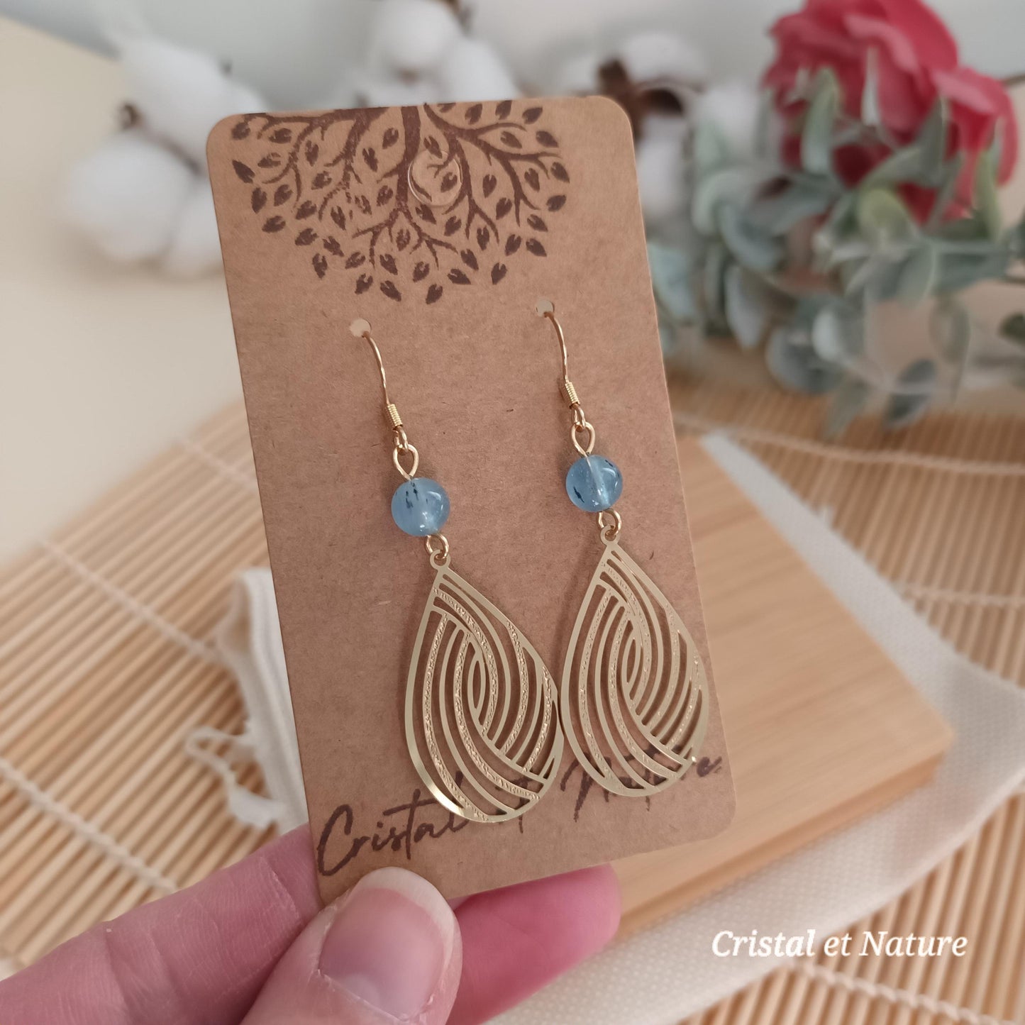 Boucles d’oreilles aigue‑marine – pendantes 5,6 cm – acier inoxydable doré